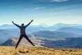 Happy man jumping on the top of the mountain Royalty Free Stock Photo