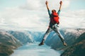 Happy Man jumping Travel Lifestyle adventure concept