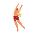 Happy man jumping up, excited with summer holiday, beach vacation. Young joyful delighted rejoicing guy in swim trunks