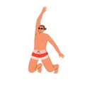 Happy man jumping up, joyful with summer vacation. Young excited cheerful energetic guy in sunglasses, swimwear, beach