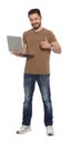 Happy man with laptop showing thumbs up on white background Royalty Free Stock Photo