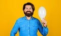 Happy man with light bulb. Bearded man with lamp. Good idea. Lightbulb in hand. Energy, electricity.