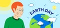 Happy man looking on planet Earth. Earth Day vector banner design. Royalty Free Stock Photo