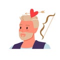 Happy man in love with arrow in heart, cupids bow above head, portrait of adult character