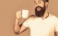 Happy man. Morning concept. Bearded man smiling. Good morning, man tea. Smiling man with cup of fresh coffee Royalty Free Stock Photo