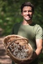 happy man mushroom hunting Royalty Free Stock Photo