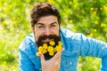 Happy man no allergy. Spring allergy concept. Fashion and beauty. Pollen allergy. Taking antihistamines makes life Royalty Free Stock Photo