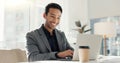 Happy man in office with laptop, market research and notes for social media review, business feedback or planning Royalty Free Stock Photo