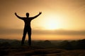 Happy man with open raised arms Gesture of triumph. Satisfy hiker silhouette Royalty Free Stock Photo