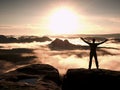 Happy man with open raised arms Gesture of triumph. Satisfy hiker silhouette Royalty Free Stock Photo