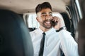 Happy man, phone call and travel in business car on tech communication, mobile networking or journey. Indian male worker Royalty Free Stock Photo