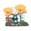 Happy man plays with autumn leaves. Fall season concept vector illustration. Autumn tree in a park Royalty Free Stock Photo