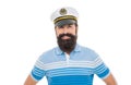 Happy man portrait. Bearded man smiling in captain hat. Man sailor face with beard and moustache