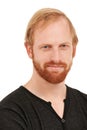 Happy man, portrait and face of ginger standing or mockup isolated against a white studio background. Closeup of male Royalty Free Stock Photo