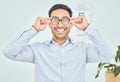 Happy man, portrait or glasses for vision, eye test or optometry in clinic wellness, health or prescription frames Royalty Free Stock Photo