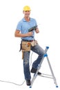 Happy man in portrait, handyman with power tools and maintenance worker with drill isolated on transparent, png Royalty Free Stock Photo