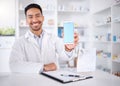 Happy man, portrait and pharmacist with phone screen in pharmacy, drugstore or shop. Face, smartphone and medical Royalty Free Stock Photo