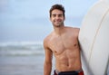 Happy man, portrait and surfboard on beach for waves, exercise or fitness in outdoor hobby, surfing or practice. Active Royalty Free Stock Photo