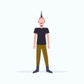 Happy man punk with iroquois standing pose smiling guy wearing trendy clothes male cartoon character full length flat