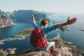 Happy Man raised hands traveling in Norway Royalty Free Stock Photo