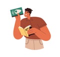 Happy man reader holding paper literature in hands. Young excited guy taking fiction novels for reading, enjoying