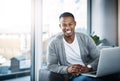 Happy, man and remote work with laptop in home office on sofa with online writing project opportunity. Email Royalty Free Stock Photo