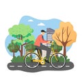 Happy man riding bicycle, flat vector illustration. Eco friendly city transport. Active and healthy lifestyle. Royalty Free Stock Photo