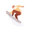 Happy man riding snowboard. Snowboarder jumping up and holding snow board with hand. Extreme winter sport. Flat vector Royalty Free Stock Photo