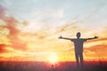 Happy man rise hand on morning view. Christian inspire praise God on good friday background. Male self confidence empowerment on Royalty Free Stock Photo