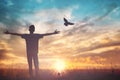 Happy man rise hand on morning view. Christian inspire praise God on good friday background. Male self confidence empowerment on Royalty Free Stock Photo