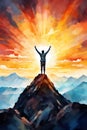 happy man rise hand at mountain peak at sunset, goal achievement and challenge success concept, hiker at cliff Royalty Free Stock Photo