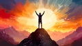happy man rise hand at mountain peak at sunset, goal achievement and challenge success concept, hiker at cliff Royalty Free Stock Photo