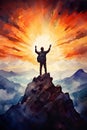 happy man rise hand at mountain peak at sunset, goal achievement and challenge success concept, hiker at cliff Royalty Free Stock Photo