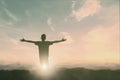 Happy man rise hand Worship God in morning view. Christian spirit prayer praise on good friday background. Male self confidence em