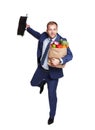 Happy man run with healthy food bag, grocery buyer isolated Royalty Free Stock Photo