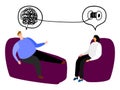 Happy man in the seat of psychotherapy vector illustration. Tangled and untangled brain metaphor. Psychotherapy results