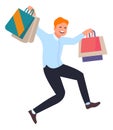 Happy man with shopping bags. Good price offer joy. Person running to big clearance sale