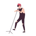 Happy man singer, rock vocalist or punk rocker wearing cap and singing in microphone. Male cartoon character performing Royalty Free Stock Photo