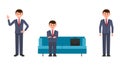 Happy man sitting on blue sofa with crossed hands, waving and smiling. Vector illustration of cartoon character businessmen.