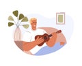 Happy man sitting on couch and playing ukulele, flat vector illustration isolated on white background. Royalty Free Stock Photo