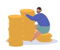 Happy man is sitting on the money. Flat design vector illustration.