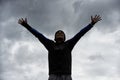 Happy man, sky or hands up for fitness celebration in training, exercise or workout success. Excited, proud athlete or Royalty Free Stock Photo