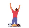 Happy Man Soccer Player Celebrating Win After Goal Stand on Knees with Ball and Raised Hands Rear View Character Rejoice Royalty Free Stock Photo