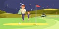 Happy Man with Son Golfers Walking on Perfect Golf