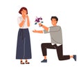 Happy man standing on knee giving beautiful bouquet to woman vector flat illustration. Male admirer give flowers to