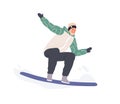 Happy man standing on snowboard. Excited smiling snowboarder riding snow board. Extreme winter sport. Flat vector