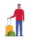 Happy man stands with luggage, ready for travel or commute. Suitcase and travel bag. Concept of adventure, journey, relocation.