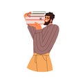 Happy man student carrying, holding heavy paper books stack from library. Excited reader, smiling guy bookworm with