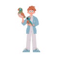 A happy man takes care of animals, including a big and very smart bird. Vector Illustration.