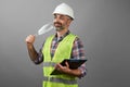 Happy man taking off medical mask. Handman worker after quarantine Royalty Free Stock Photo